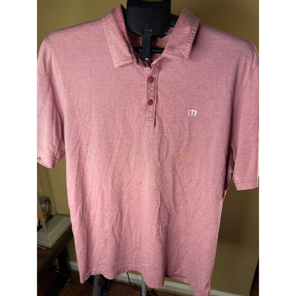 TravisMathew Mens Short Sleeve Polo Shirt Red Pink Micro Stripe Golf Top xl